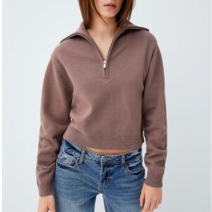 Brown taupe ribbed zip-collar sweater NWT